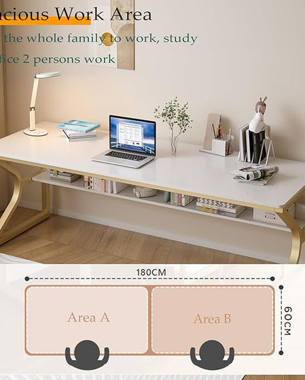 Extra Long Desk with Bookshelf - 71" Double Long Writing Table for 2-Person Workstation, Modern Study Work Computer Desk for Home and Office, Gold