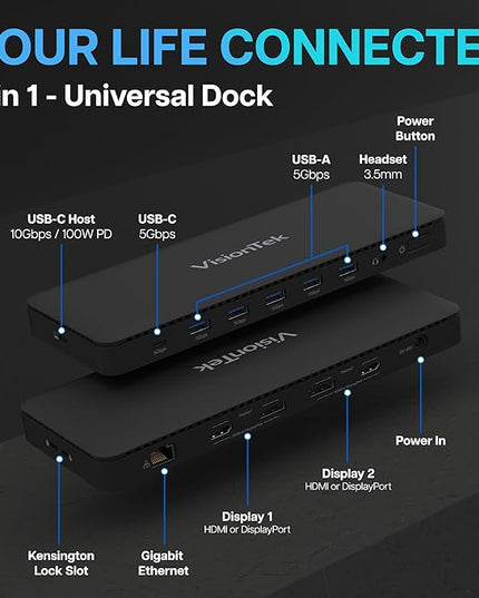 VisionTek VT4600DL Universal Dual 4K Docking Station 100W Charging (USB-A, USB-C)