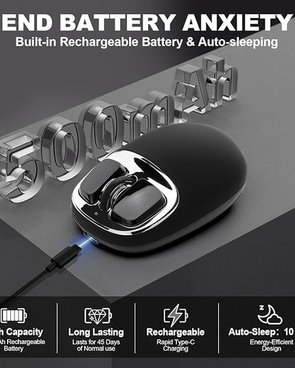 YUNZll C1 Silicone Wireless Mouse, Tri-Mode 2.4G/USB-C/Bluetooth Mouse, 4800 DPl Optical Tracking, 6 Adjustment Levels,Customize Mice for Laptop, Computer, iPad, MacBook (Black Silver)
