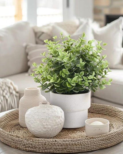 Coferset Small Fake Plants 7.45” Eucalyptus Potted Artificial Eucalyptus Plant for Home Bathroom Office Farmhouse Restroom Shelf Desk Mantel Coffee Table Decor (Green)