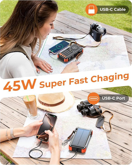 BLAVOR 45W Solar Charger Power Bank 20000mAh Wireless Portable Charger Built-in Cables, PD QC Fast Charging Battery Pack with USB-C for iPhone, Samsung, Dual Flashlight & Carabiner for Camping, Hiking