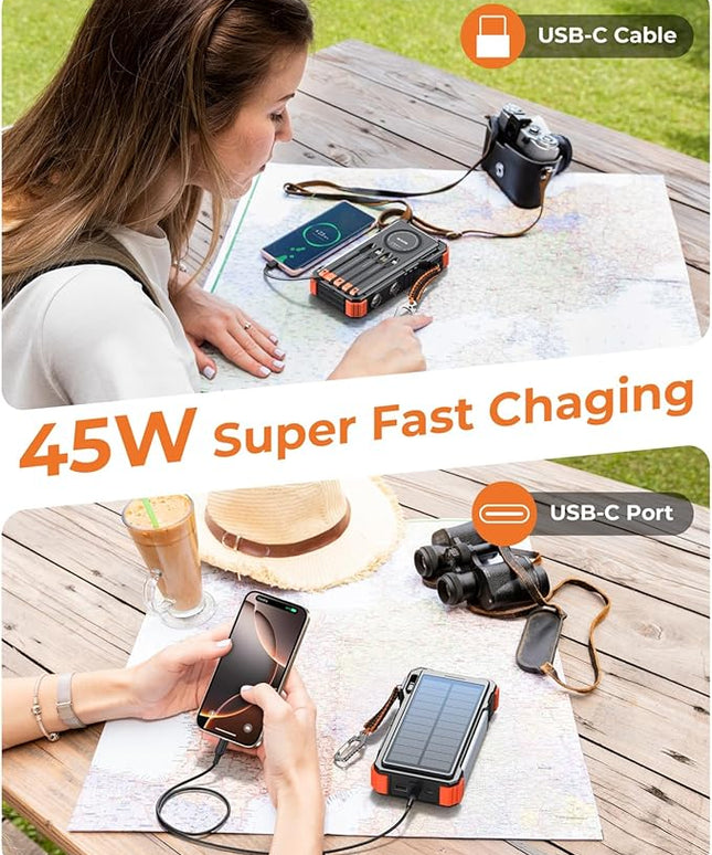 BLAVOR 45W Solar Charger Power Bank 20000mAh Wireless Portable Charger Built-in Cables, PD QC Fast Charging Battery Pack with USB-C for iPhone, Samsung, Dual Flashlight & Carabiner for Camping, Hiking