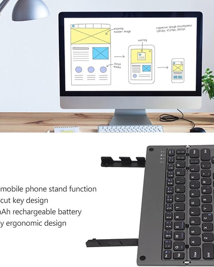 Vvikizy Foldable Laptop Keyboard, Portable Wireless BT Keyboard with 140mAh Battery and Phone Holder, for iOS Tablets Laptops