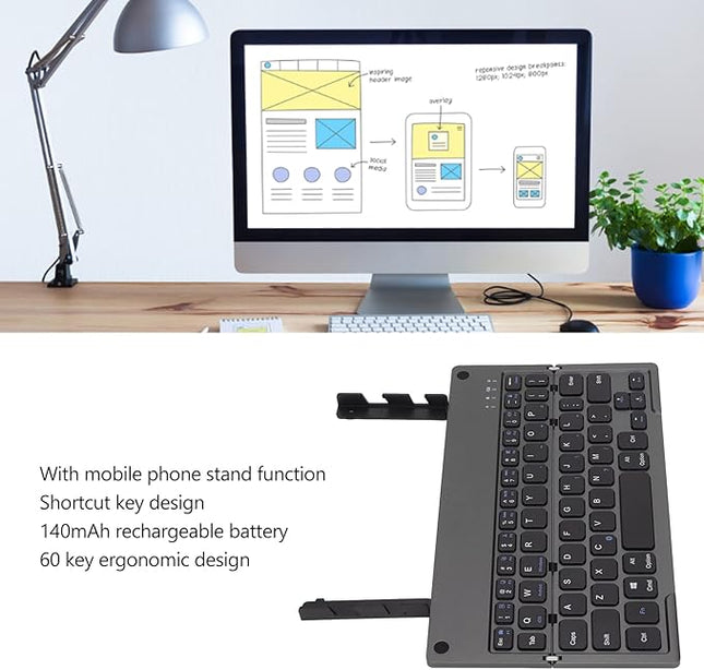 Vvikizy Foldable Laptop Keyboard, Portable Wireless BT Keyboard with 140mAh Battery and Phone Holder, for iOS Tablets Laptops