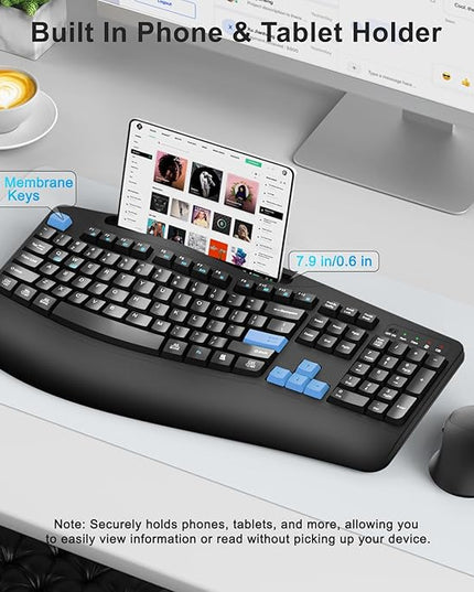 Wireless Keyboard and Mouse Combo, 2.4G Full Size Wave Keys Ergonomic Keyboard with Wrist Rest, Phone Holder, 3-Level DPI Wireless Silent Mouse with 6-Buttons, for Windows, Mac OS, Laptop (Blue Black)