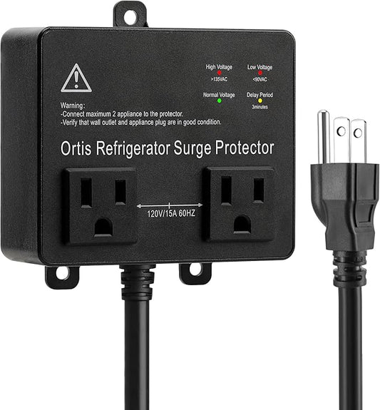 Refrigerator Surge Protector, Ortis Double Outlet Voltage Protector for Home Appliances TV Washer with Time Delay, Protects Against Brownout, Spike, Instant Surge All Voltage Abnormalities