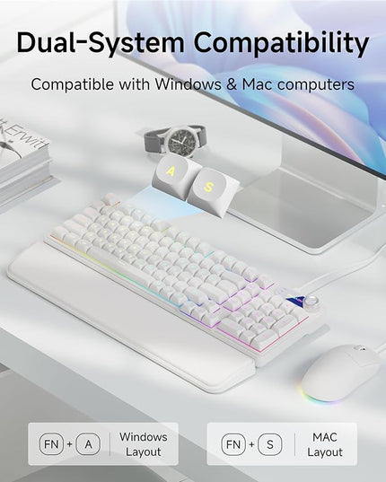 C98 Wired Keyboard and Mouse Combo, Wired Computer Keyboards with Wrist Palm, Double-Shot Keycaps, Silent RGB Backlight Keyboard for Windows/MAC/PC (White)