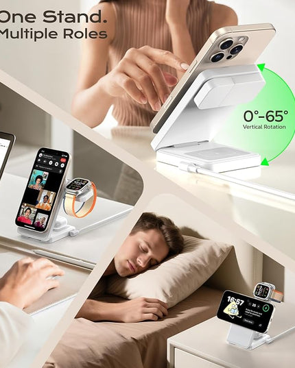 3 in 1 Magnetic Charging Station, 15W Fast Wireless Charger Compatible with MagSafe Charger Stand for iPhone 17 16 15 14 13 12, Apple Watch Charger & AirPods, Foldable Travel Charging Dock, White