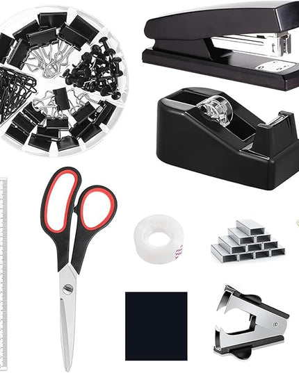 suniya Office Supplies,Desk Accessories,Tape Holder,Stapler,Scissor,Staple Remover,Box of Binder Clips,Staples,Ballpoint Pen,Sticky Notes,Clear Tape,Ruler,Office Supplies Set(Black)