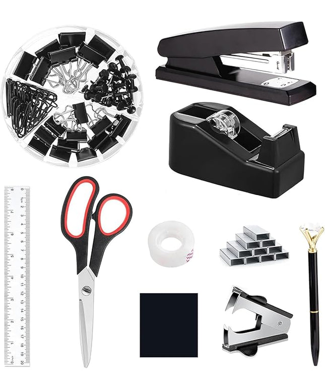 suniya Office Supplies,Desk Accessories,Tape Holder,Stapler,Scissor,Staple Remover,Box of Binder Clips,Staples,Ballpoint Pen,Sticky Notes,Clear Tape,Ruler,Office Supplies Set(Black)