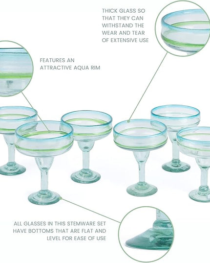 MyCajita Mexican Glassware, Aqua Rims 16oz Margarita Glasses, Set of 6 Unique Hand Blown Glass, Handcrafted by Talented Artisans Thick & Sturdy Easy to hold