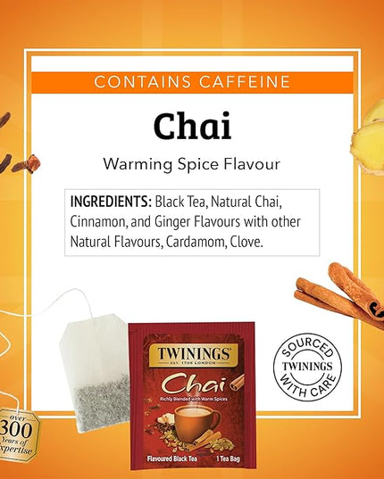 Twinings Chai Black Tea Individually Wrapped Bags, 100 Count (Pack of 1), Richly Blended with Warm Spices, Caffeinated, Enjoy Hot or Iced, 100 Teabags