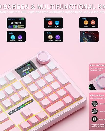 AULA F108 PRO - Wireless Mechanical Keyboard with Screen & Knob,Full Size Keyboard with 8000mAh Battery,Pre-lubed Switches,Side Printed PBT Keycaps,RGB Backlit Hot Swappable Custom Pink Keyboards