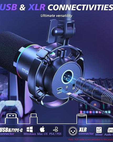 MAONO XLR/USB Dynamic Microphone Kit, RGB Podcast Mic with Software, Mute, Gain Knob, Volume Control, Boom Arm for Streaming, Gaming, Voice-Over, Recording-PD200XS Black