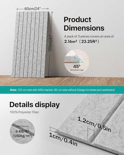 Soundproof Wall Panels Self-Adhesive, 3 Pack Large Acoustic Panels 47.2"x23.6"x0.35" High Density Sound Proof Panels for Walls, Noise Absorbing for Home Studio, Office, Game Room