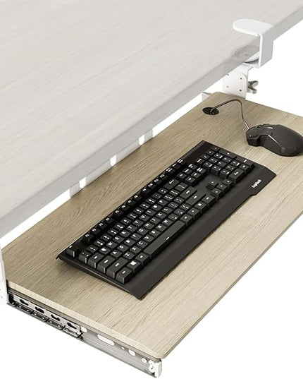 AX WABER Keyboard Tray Under Desk Pull Out with Extra Sturdy C Clamp Mount System, 27.3 (32.5 inch Including Clamps) x 11 Inch Slide-Out Platform Computer Drawer for Typing Grain AX01WG01