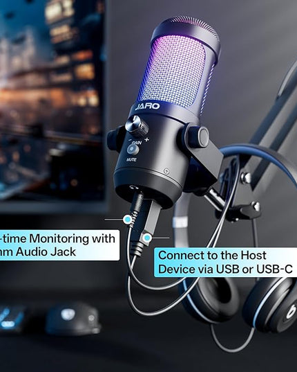 JARO USB Podcast Microphone with Boom Arm, Studio Condenser Mic with Real-Time Monitoring, Mute, Volume Control Ideal for Voice & Singing (Black)