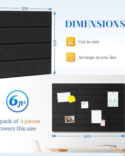DOLLAR BOSS Felt Cork Board Tiles, 6 Packs 12" x 12" 1/2" Thick Bulletin Board Adhesive Acoustic Panels Soundproof Corkboards for Walls with 60 Pushpins for Home Office Kitchen School, Black Stripe