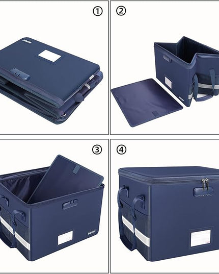 ENGPOW File Box with Lock, Fireproof Document Box with Zipper＆Pockets, Collapsible File Organizer Filing Storage Cabinet with Handle, Portable Home Office Safe for Hanging Letter/Legal Folder, Blue