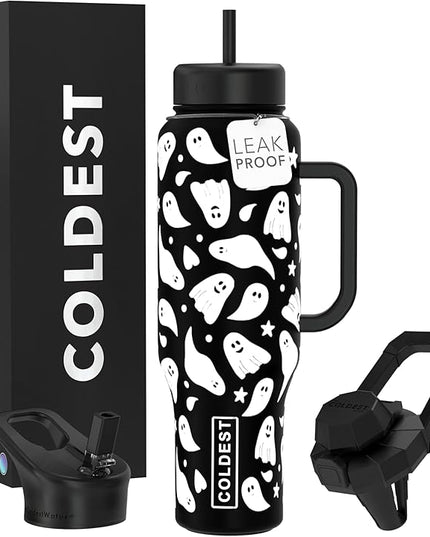Coldest Tumbler with Handle and Straw - 100% Leak Proof Insulated Tumbler with Lid and Straw (3 Lids) - Stainless Steel Tumblers for Women & Men - Cup Holder Friendly Base, 46 oz (Ghosts)