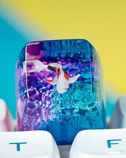 Kohaku Koi Artisan Keycap Blue and Purple Ocean R1 SA Profile Custom Keycaps 1U ESC Handmade Gaming Resin Key Cap Cherry MX Switch Compatible Mechanical Keyboard Koi Lover Gift