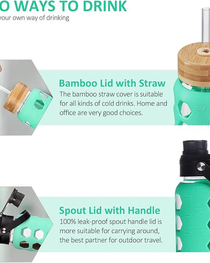 MUKOKO 32oz Glass Water Bottles with 2 Lids-Handle Spout Lid&Bamboo Straw Lid, Motivational Water Tumbler with Time Marker Reminder and Silicone Sleeve, Leakproof-Green-1 Pack