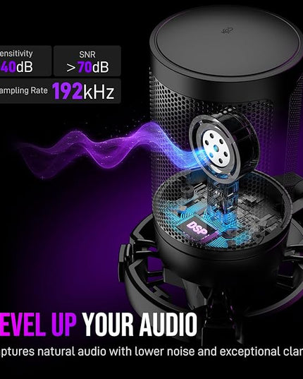 FIFINE Gaming PC USB Microphone, Podcast Condenser Mic with Boom Arm, Pop Filter, Mute Button for Streaming, Twitch, Online Chat, RGB Computer Mic for PS4/5 PC Gamer Youtuber-AmpliGame A6T