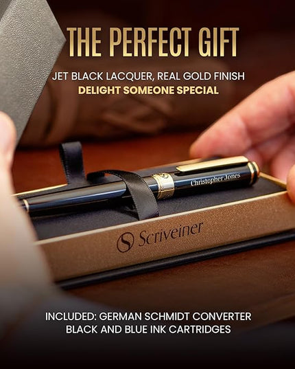 Scriveiner Personalized Black Fountain Pen - Stunning Luxury Pen, Jet Black Lacquer, Real Gold Plating, German Schmidt Nib (Medium), Best Engraved Gift Set for Men & Women, Name Engraving