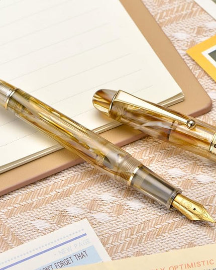 Asvine V126 Vacuum Filling Fountain Pen Brown Swirl Transparent Acrylic, Medium Nib Large-Capacity with Gift Case
