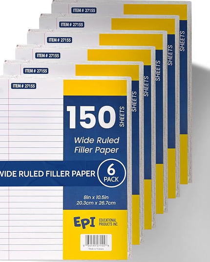 EPI Filler Paper | Wide Ruled | Loose Leaf, 3-Hole Punched, 10.5 x 8 in, 150 Sheets | School, Office, Notes, Binder Refill - 6 Pack