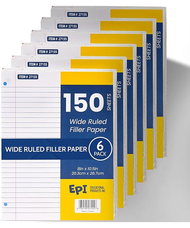 EPI Filler Paper | Wide Ruled | Loose Leaf, 3-Hole Punched, 10.5 x 8 in, 150 Sheets | School, Office, Notes, Binder Refill - 6 Pack