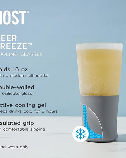 Host Glass FREEZE Double Wall Insulated Beer Glasses, 16oz Set of 2 in Gray