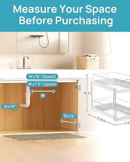 Vtopmart 2 Pack Bathroom Organizer, 2 Tier White Under Sink Organizers Vanity Countertop Storage Container,Cabinet Drawers Bins, Pull-Out Organization with Track for Pantry, Kitchen