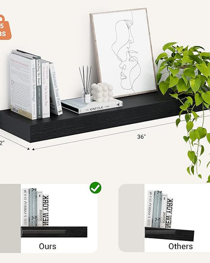 Heimlove 12" Deep Floating Shelves, 36 x 12 Inch Wall Mounted Long Floating Shelf with Invisible Brackets, for Home Decor, Bedroom, Kitchen, Living Room, Bathroom - 1 Pack, Black