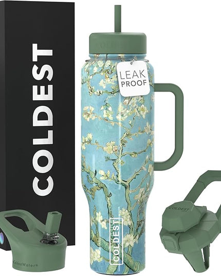 Coldest Tumbler with Handle and Straw, 100% Spill Proof Tumbler with Straw (3 Lids), Stainless Steel Insulated Leakproof Tumblers for Women Men, Cup Holder Friendly, 46 oz (Almond Blossom)