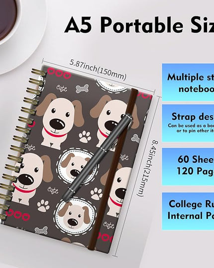 Cute Spiral Journal Notebook,A5 Hardcover Lined Journals for Women Girl 6 x 8.3 in,120 Pages Thick Paper,Cute College Ruled Writing Notebook for Gifts Office Work School (Cute puppy Dog)