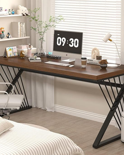 FOLUBAN Office Desk, Modern Wood and Metal Home Desk, Writing Study Work Desks for Bedroom, Industrial PC Gaming Table for Living Room, Walnut, 60 Inch