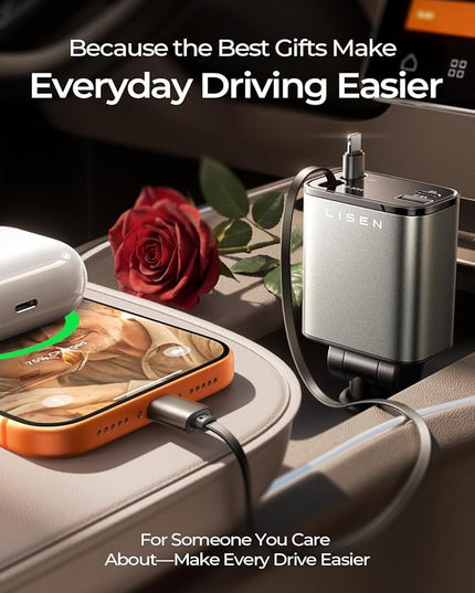 LISEN Retractable Car Charger, for Gifts for Him Her, 69W Cars Adapter USB C Fast Charger for iPhone 17-11, Car Accessories Gadgets for Men, Anniversary Birthday Gifts for Men Women, for Samsung