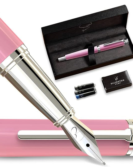 Ellington Pens Luxury Fountain Pen Set - Smooth Medium Nib - Includes 3 Ink Cartridges, Refillable Ink Converter, Gift Box - Fountain Pens For Writing, Calligraphy, Journaling, Sketching (Rosy Flair)