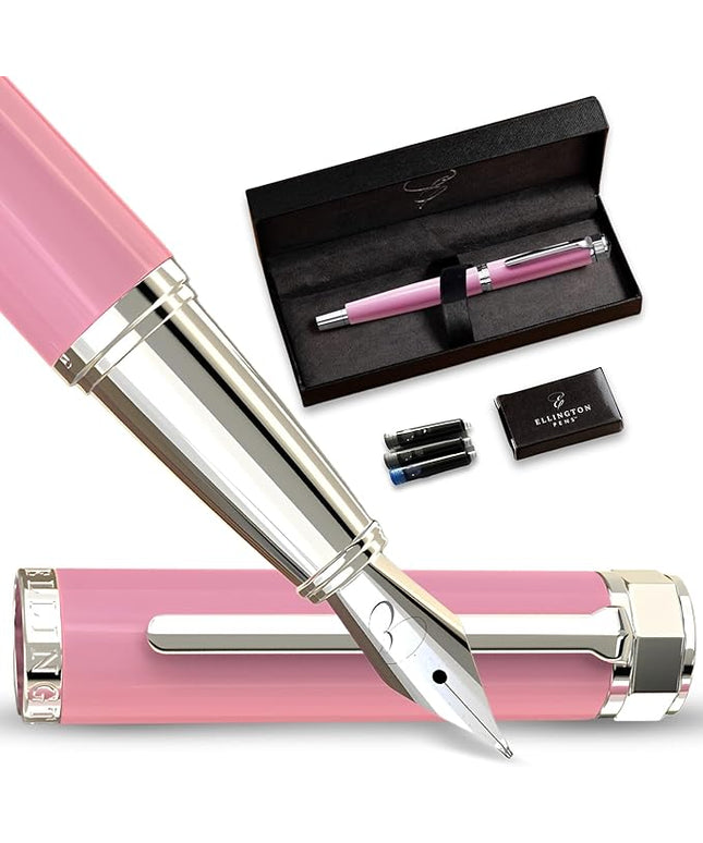Ellington Pens Luxury Fountain Pen Set - Smooth Medium Nib - Includes 3 Ink Cartridges, Refillable Ink Converter, Gift Box - Fountain Pens For Writing, Calligraphy, Journaling, Sketching (Rosy Flair)