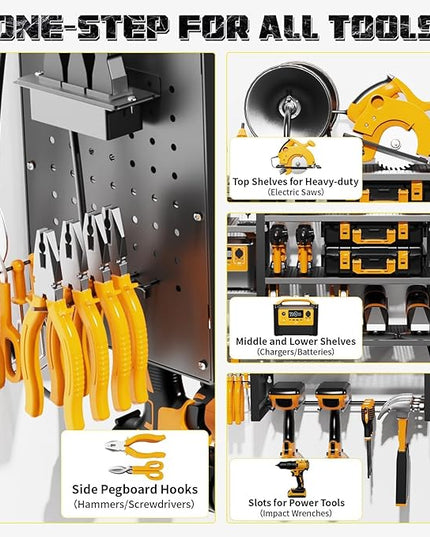Power Tool Organizer with Charging Station Wall Mount, 3 Layer Expanded Heavy Duty Garage Organization, 48.8 Inch Length Garage Tool Storage, 4 Drill Slot, 16" Standard Hole, Black