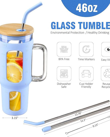 Glass Tumbler with Lid and Straw, 46 oz Iced Coffee Cup with Handle, Large Water Bottles with Silicone Sleeve, Glass Cup with Straws - Pearl Straw & Drinking Straw BPA Free-Glacier