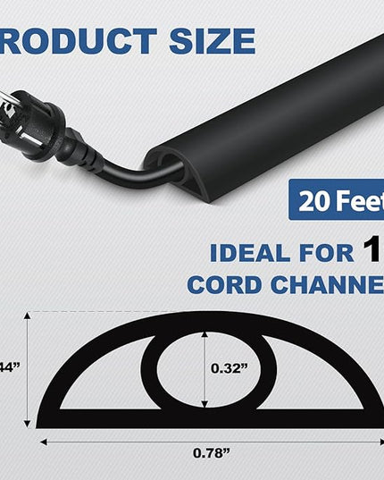 Floor Cord Cover for Wires on Floor Self Adhesive Cord Hider Floor Cable Management Wire Covers for Cords Protector Prevent Cable Trips Cord Cavity W 0.32" x H 0.32", Black, 20Ft