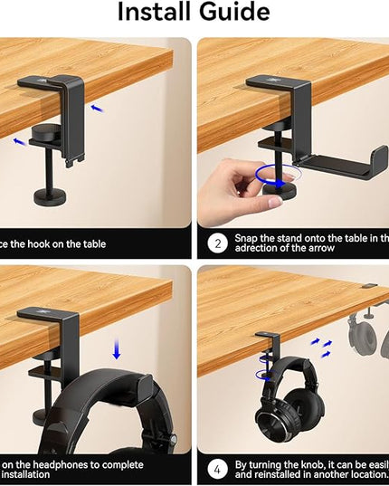 OneOdio MTL99 Foldable Headphone Stand, Metal Headset Holder Space-Saving Table Hook, Clamp-on Under Desk Hanger, Universal Fit Gaming Headphones Mount, Black