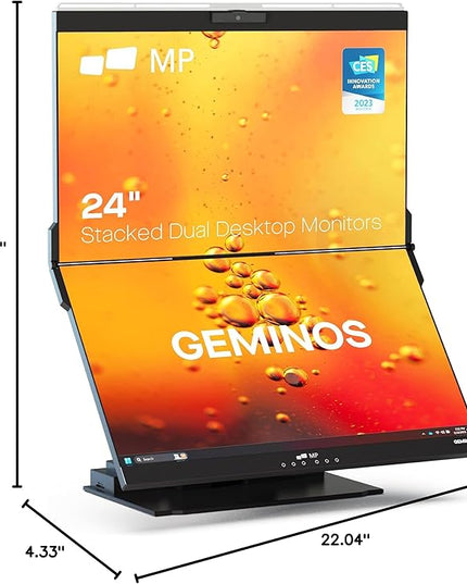 Mobile Pixels Geminos, Dual 24" IPS Stacked Computer Monitors with 65W USB-C Charging, with Adjustable Viewing Angle and 1080p Webcam and 3W Speakers, Multiport Docking Station (Desktop Monitor)
