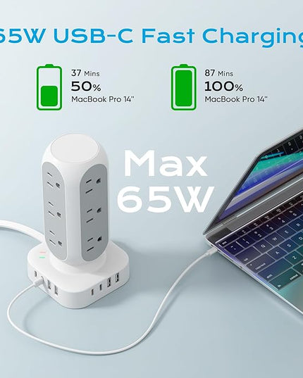 65W Fast Charging Station, Flat Plug Power Strip Tower with 12 AC Outlets & 8 USB Ports (2 PD USB-C Ports), 10FT Extension Cord, Compatible for MacBook Pro, iPhone Series.