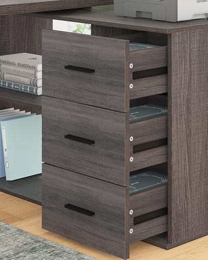 HSH L Shaped Computer Desk with Drawers, 360 Rotating L Shape Desk with Storage Cabinet Shelves, Industrial Home Office Desk for Executive Writing Study Work, Dark Wood Table Swivel Desk, Gray 55 Inch