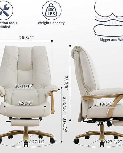 Big and Tall Executive Office Chair with Footrest, 400LBS Capacity Ergonomic High-Back Desk Office Chair with Lumbar Support, Padded Armrests & Thick Cushion, White PU Leather Chairs