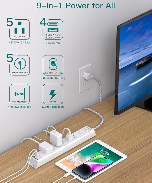 2 Pack Surge Protector Power Strip - 5 Widely Spaced Outlets 4 USB Ports, 5Ft Extension Cord, Flat Plug, Wall Mount Outlet Extender, Desk Charging Station for Home Office College Dorm Room Essentials