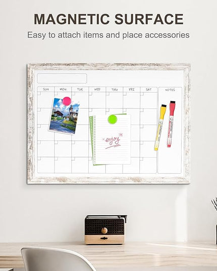Monthly Dry Erase Calendar Whiteboard for Wall, 24" x 18" Magnetic White Board Calendar Board - Rustic Vintage Wooden Frame